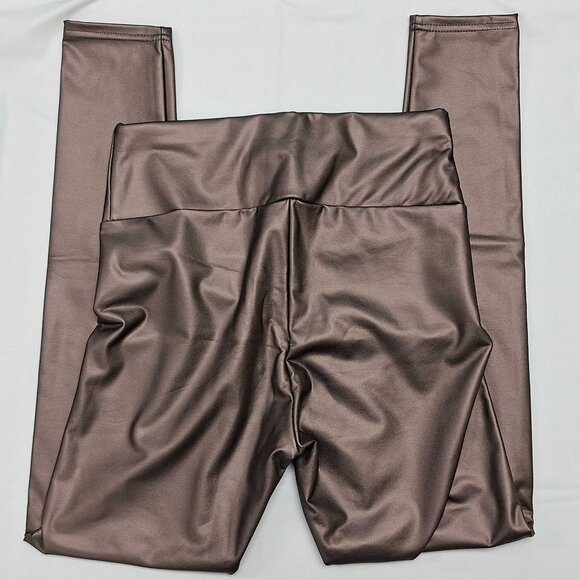 Faux Leather Leggings Bronze Brown Size M High Waist Stretch Shiny Pants - Picture 2 of 4